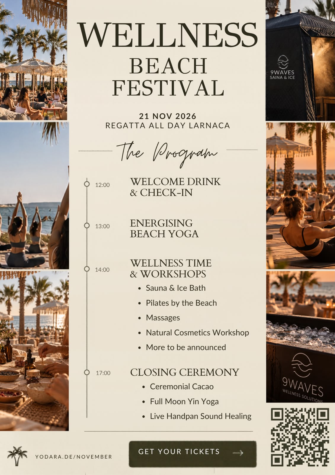 Wellness Beach Festival programme: 21 November 2026, Regatta all day, Larnaca. Welcome drink, beach yoga, wellness workshops, sauna and ice bath, massages, closing ceremony.